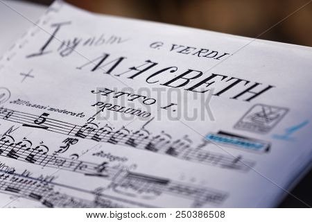 ST. PETERSBURG, RUSSIA - JULY 15, 2018: Sheet music of the opera Macbeth of G. Verdi on the music stand during the festival All Together Opera. It was 2nd of 4 performances
