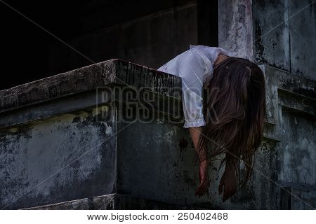Zombie Ghost Woman Murder Underhung Head On Abandoned Building With Bloody ,halloween Concept