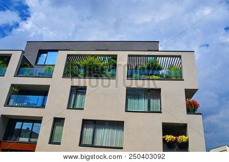 Uherske Hradiste,  Czech Republic - July 13, 2018: Modern Architecture. Urban Terrace With Flowers A