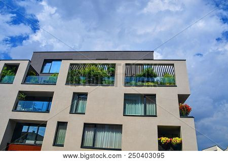 Uherske Hradiste,  Czech Republic - July 13, 2018: Modern Architecture. Urban Terrace With Flowers A