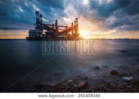 Cargo Ship In The Harbor At Sunset.twilight Sea.ship Industrial