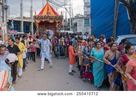 Howrah, West Bengal , India - July 14th 2018 : Devotees Dragging Ropes Of Rath (chariot) Of God Jaga