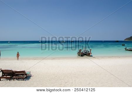 Boat On The Waterfront Park Of The Sea, Koh Lipe At Satun In Thailand.