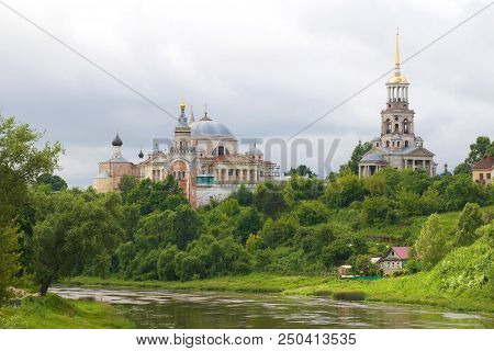 A View Of The Temples Of The Borisoglebsky Monastery On A Cloudy Summer Day. Torzhok, Russia