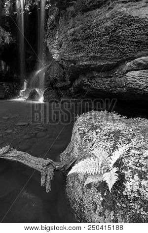 Stunning Black And White Waterfall Landscape At Roughting Linn In Northumberland National Park In En