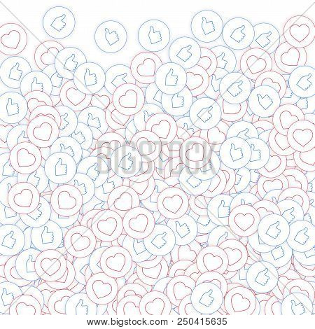 Social Media Icons. Social Media Overload Concept. Falling Scattered Thumbs Up Hearts. Surprising Bo