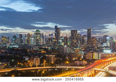 Cityscape And Light Of Night Road In Long Exposure