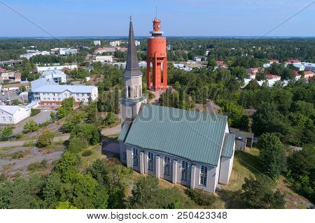 The Lutheran Church And The Old Water Tower In The July Day (aerial Survey). Hanko, Finland