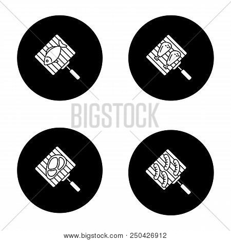 Barbecue Glyph Icons Set. Hand Grills With Fish, Chicken Drumsticks, Meat Steak And Sausages. Vector