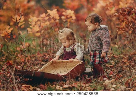 Two Little Cute Little Girls In An Autumn Park Look In A Retro Suitcase