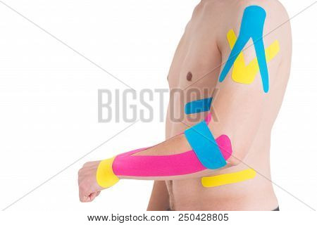 Kinesiology Taping On Human Hand, Isolated On White Background