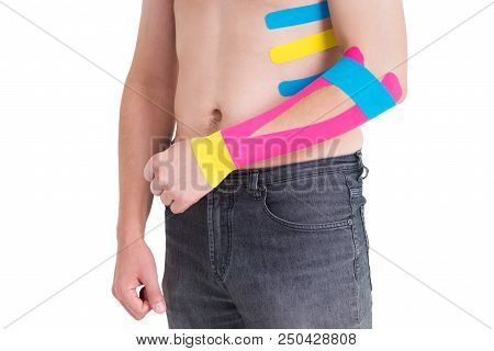 Kinesiology Taping On Human Hand, Isolated On White Background