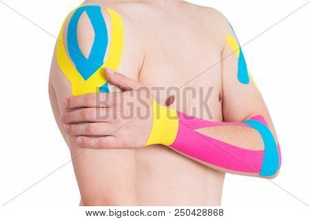 Kinesiology Taping On Human Hand, Isolated On White Background