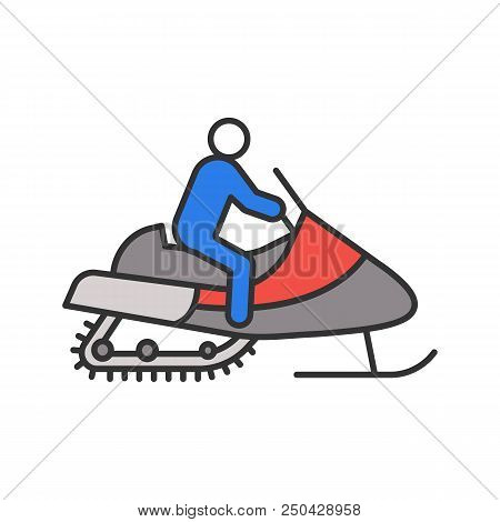 Man Driving Snowmobile Color Icon. Motor Sled Driver. Isolated Vector Illustration