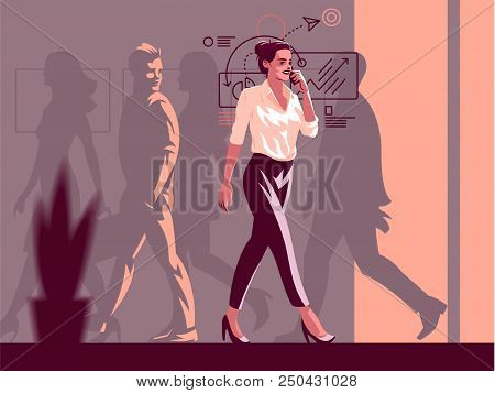 Business Woman Is Talking On The Phone. Vector Illustration.