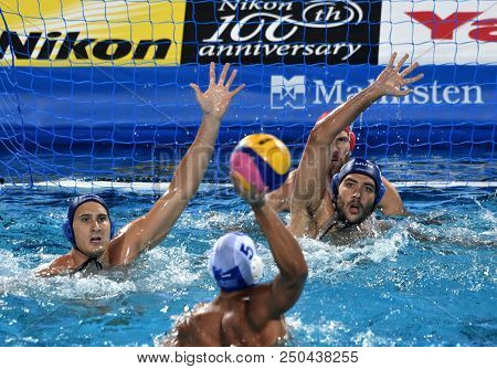 Budapest, Hungary - Jul 27, 2017. Gor-nagy Miklos (8), Vamos Marton (5) And Nagy Viktor (1) Defend A
