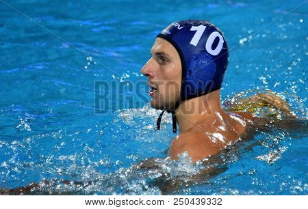 Budapest, Hungary - Jul 27, 2017.  Varga Denes (10) Hungarian Waterpolo Player In The Semifinal. Fin