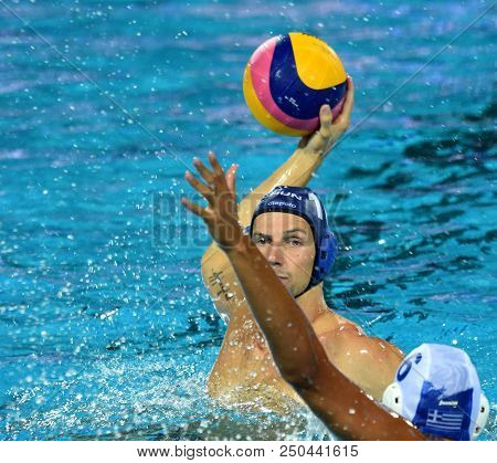 Budapest, Hungary - Jul 27, 2017.  Varga Denes (10) Hungarian Waterpolo Player In The Semifinal. Fin