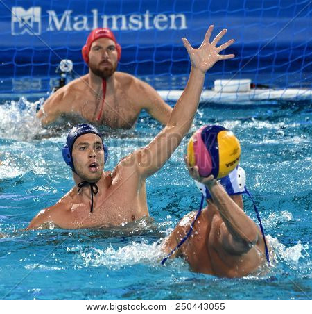 Budapest, Hungary - Jul 27, 2017. Nagy Viktor (1), Erdelyi Balazs (9) And Vamos Marton (5) Defend Ag