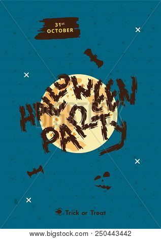 Halloween Party Poster With Moon Silhouette And Decoration. Happy Halloween Flyer. Template For Holi