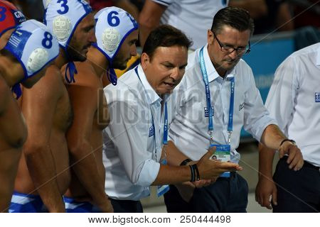 Budapest, Hungary - Jul 27, 2017. Vlachos Theodoros Head Coach And The Greek Men Waterpolo Team In T