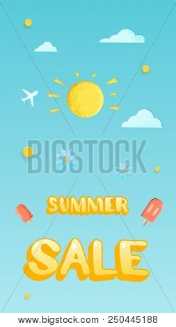 Summer Sale Card With Papercut Items For Social Media Neworks. Template For Ad With Bright Decoratio