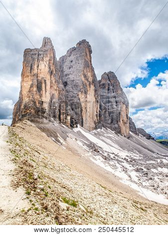 Tre Cime Di Lavaredo, Aka Drei Zinnen, Rock Formation In Dolomites, Italy.