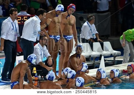 Budapest, Hungary - Jul 27, 2017. Vlachos Theodoros Head Coach And The Greek Men Waterpolo Team In T