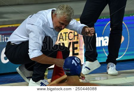 Budapest, Hungary - Jul 27, 2017. Gerendas Gyorgy Coach Of Hungary Men Waterpolo Team In The Semifin