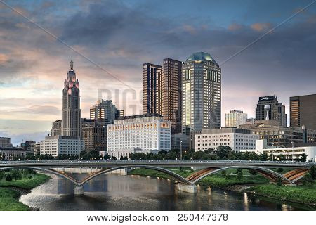 Evening Columbus Ohio Skyline Along The Scioto River At Dusk