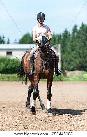 Teenage Girl Equestrian Riding Horseback On Arena At Sport Training. Vibrant Multicolored Outdoors V