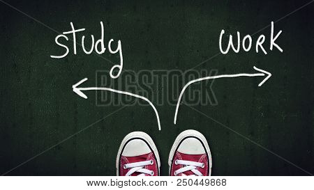 Red Shoes Standing At The Crossroad Between Work Or Study Choices