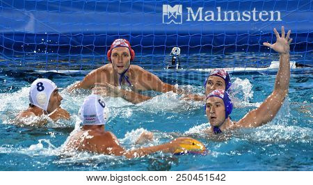 Budapest, Hungary - Jul 29, 2017.  Croatia (bijac Marko 1, Jokovic Maro 5, Buljubasic Ivan 6) Play A