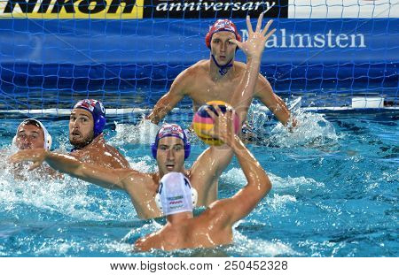 Budapest, Hungary - Jul 29, 2017.  Croatia (bijac Marko 1, Jokovic Maro 5, Buljubasic Ivan 6) Play A