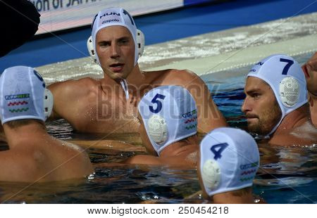 Budapest, Hungary - Jul 29, 2017. Hungarian Men Waterpolo Team (varga Denes 10, Decker Adam 7, Vamos