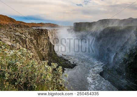Dettifoss Watefall In Iceland Bright Light Sunset