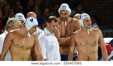 Budapest, Hungary - Jul 29, 2017. Marcz Tamas Head Coach And The Hungarian Men Waterpolo Team (manhe
