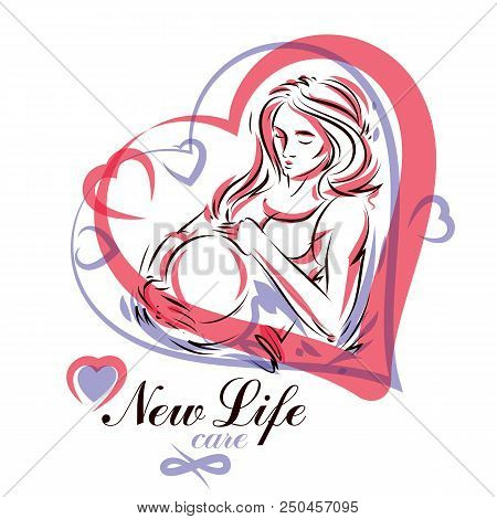 Pregnant Woman Elegant Body Silhouette, Sketchy Vector Illustration. Pregnancy And Maternity Popular