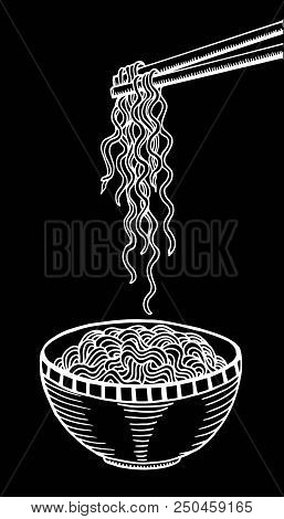 Black And White Doodle Noodle At Bowl And Stick. Hand Drawing