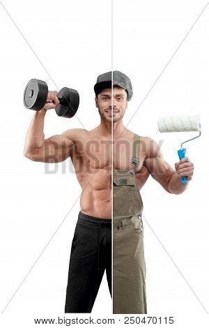 Photo Comparison Of Fitnesstrainer And Painter Outfit. Bodybuilder Holding Heavy Dumbbell, Wearing B