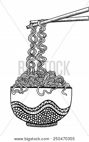 Doodle Noodle At Bowl And Stick. Hand Drawing