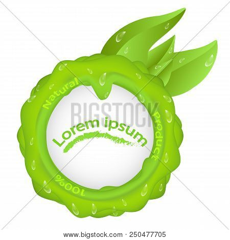 Green Round Seal With Leaves And Drops Of Water And Inscription Natural Product, With Stains Isolate