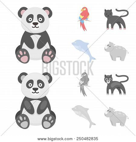 Panda.popugay, Panther, Dolphin.animal Set Collection Icons In Cartoon, Monochrome Style Vector Symb