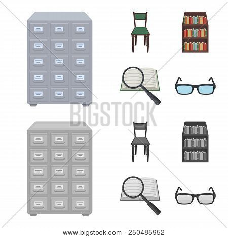 Cabinet With Filing Cabinet, Chair, Shelves, Information Search. Library And Bookstore Set Collectio