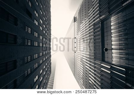 NEW YORK CITY - NOV 12: Downtown skyscrapers in a foggy day on November 12, 2014 in Manhattan, New York City. With population of 8.4M, it is the most populous city in the United States.