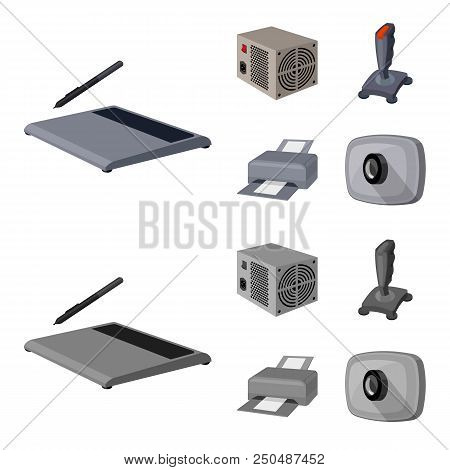 Power Unit, Dzhostik And Other Equipment. Personal Computer Set Collection Icons In Cartoon, Monochr