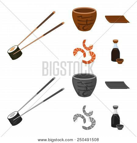 Sticks, Shrimp, Substrate, Bowl.sushi Set Collection Icons In Cartoon, Monochrome Style Vector Symbo