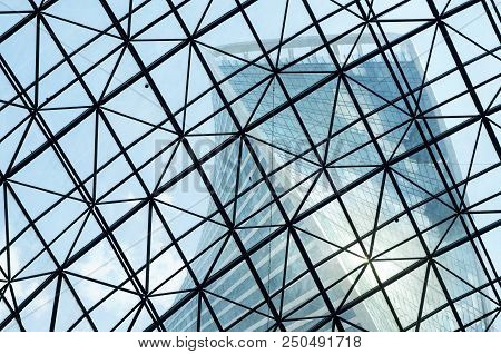 Moscow, Russia - July 04, 2016: View On The Evolution Tower Through The Dome In Shopping Mall At Mos