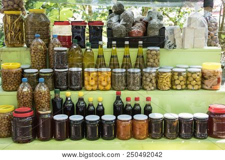 Pickled Vegetables And Oil In Jars Ready For Winter