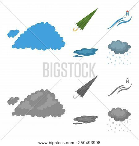 Cloud, Umbrella, The North Wind, A Puddle On The Ground. The Weather Set Collection Icons In Cartoon